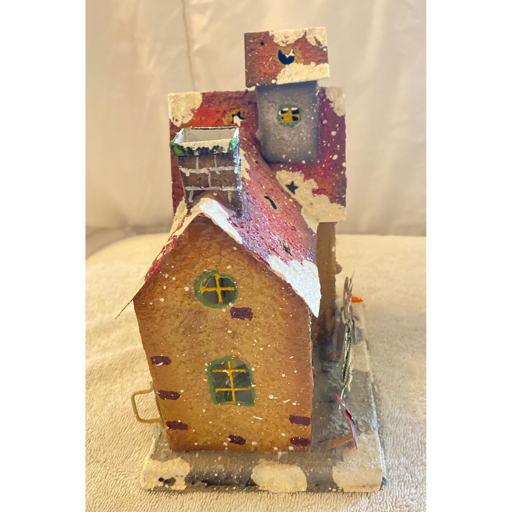 Vintage Tin Christmas House Votive Holder Snowman Winter Village Metal Luminary - Picture 6 of 7